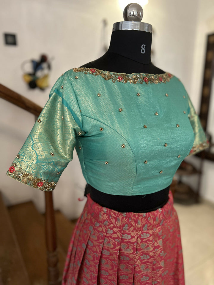 Tomato Red jacquard sea blue semi Kanchi lehenga | SHOBITAM