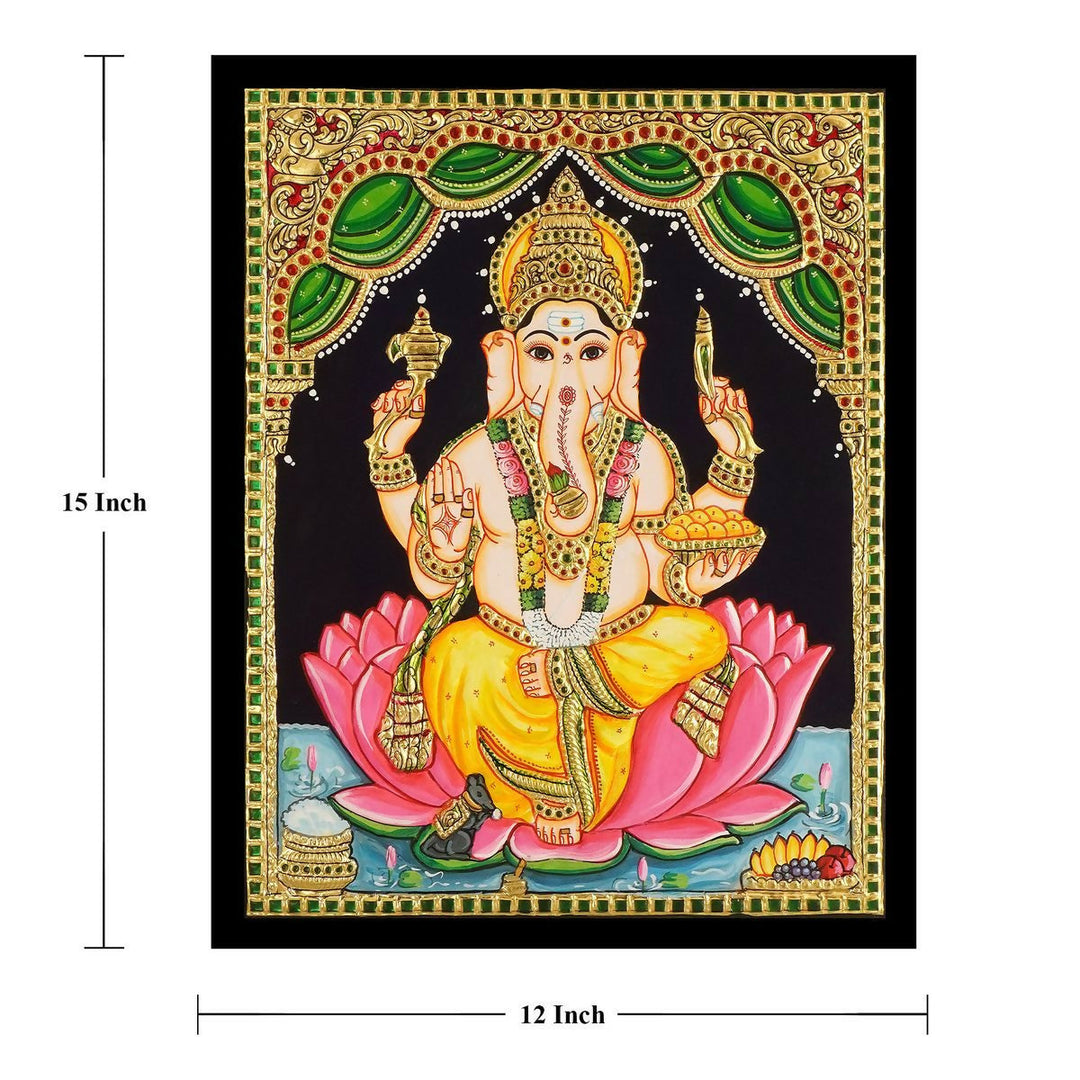 12*15 Authentic TANJORE PAINTING LOTUS GANESHA With 22 Ct gold Foil and Jaipur Gemstones,Unframed | SHOBITAM