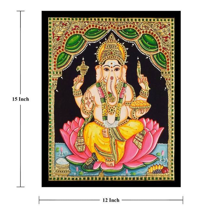 12*15 Authentic TANJORE PAINTING LOTUS GANESHA With 22 Ct gold Foil and Jaipur Gemstones,Unframed | SHOBITAM