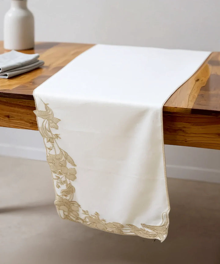 Cream Embroidered With Cutwork Cotton Casement Table Runner (13"x84") | SHOBITAM