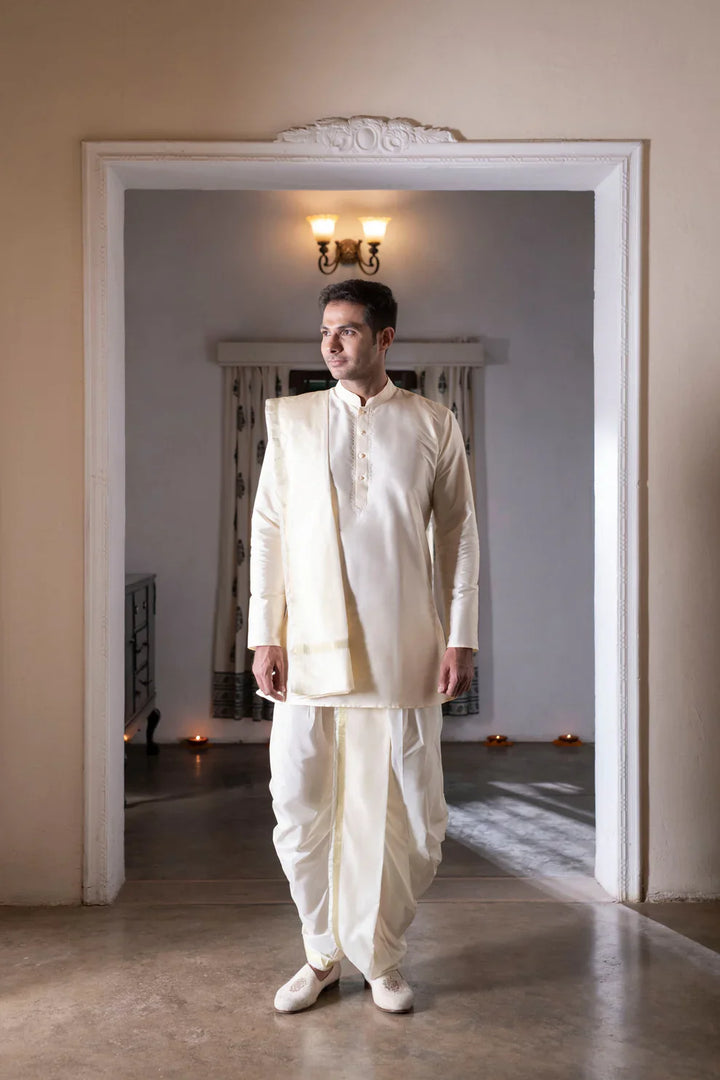 Pure Silk Stitched Dhoti, Kurta and Angavastram 3 piece set in Cream | SILK MARK CERTIFIED