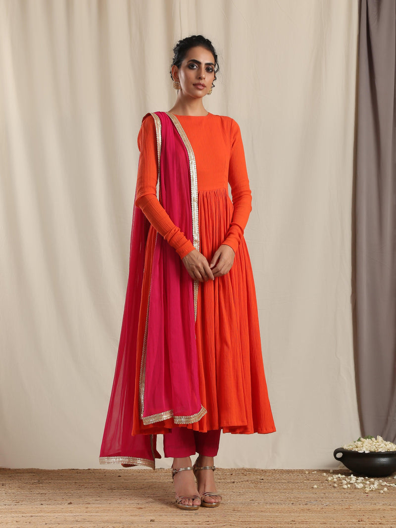 Orange Crinkle Anarkali Kurta Pant Dupatta Set | SHOBITAM