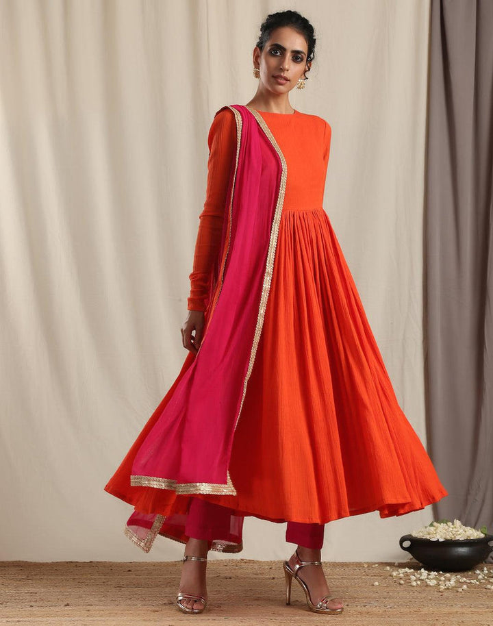 Orange Crinkle Anarkali Kurta Pant Dupatta Set | SHOBITAM