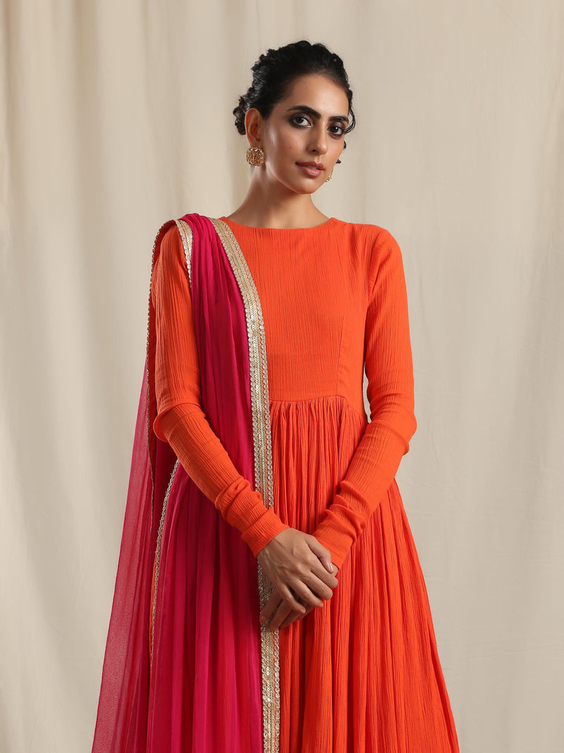 Orange Crinkle Anarkali Kurta Pant Dupatta Set | SHOBITAM