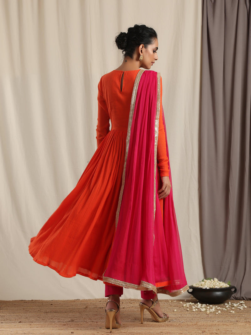 Orange Crinkle Anarkali Kurta Pant Dupatta Set | SHOBITAM