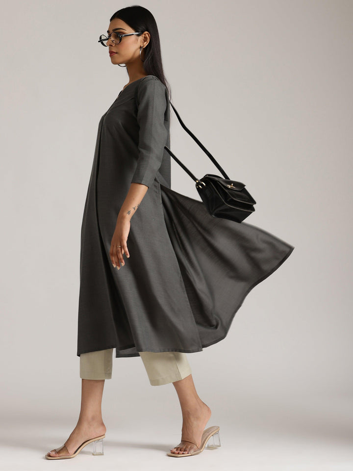 Cotton Linen Dark Grey Kurta Pant Set  | SHOBITAM