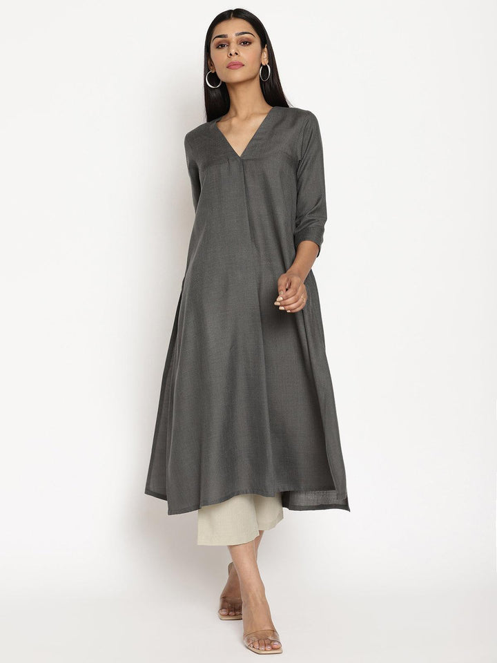 Cotton Linen Dark Grey Kurta Pant Set  | SHOBITAM