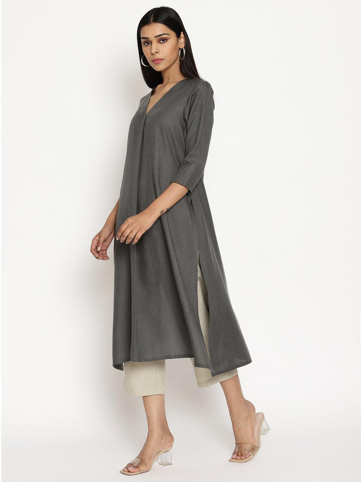 Cotton Linen Dark Grey Kurta Pant Set  | SHOBITAM