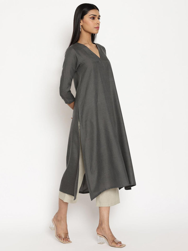 Cotton Linen Dark Grey Kurta Pant Set  | SHOBITAM