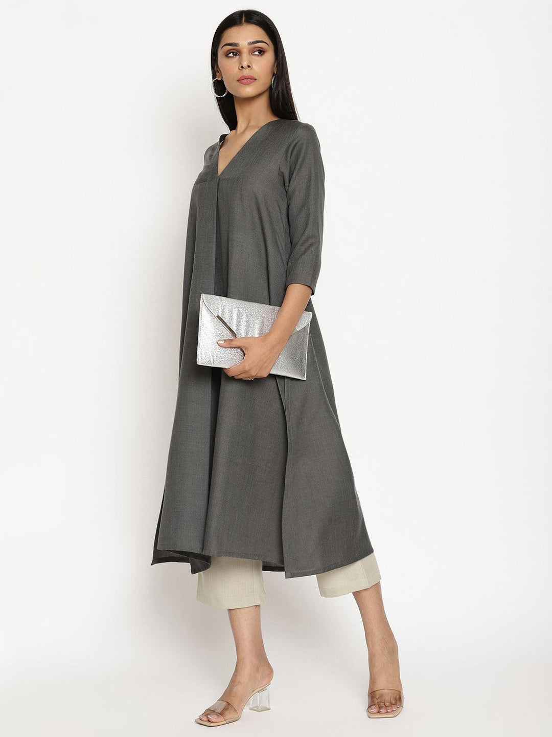 Cotton Linen Dark Grey Kurta Pant Set  | SHOBITAM