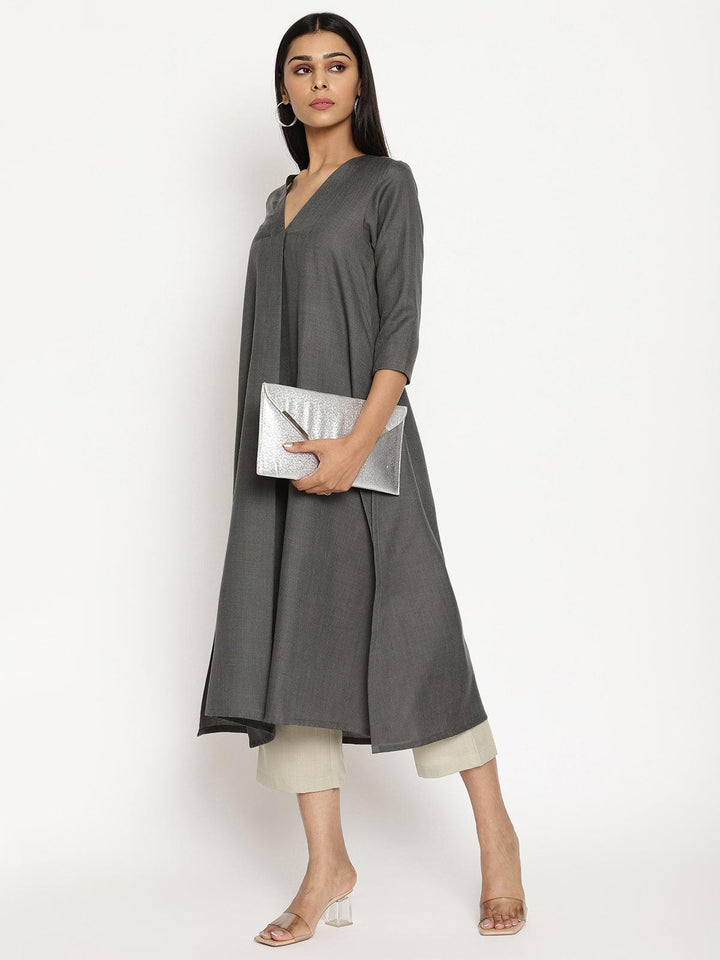 Cotton Linen Dark Grey Kurta Pant Set  | SHOBITAM