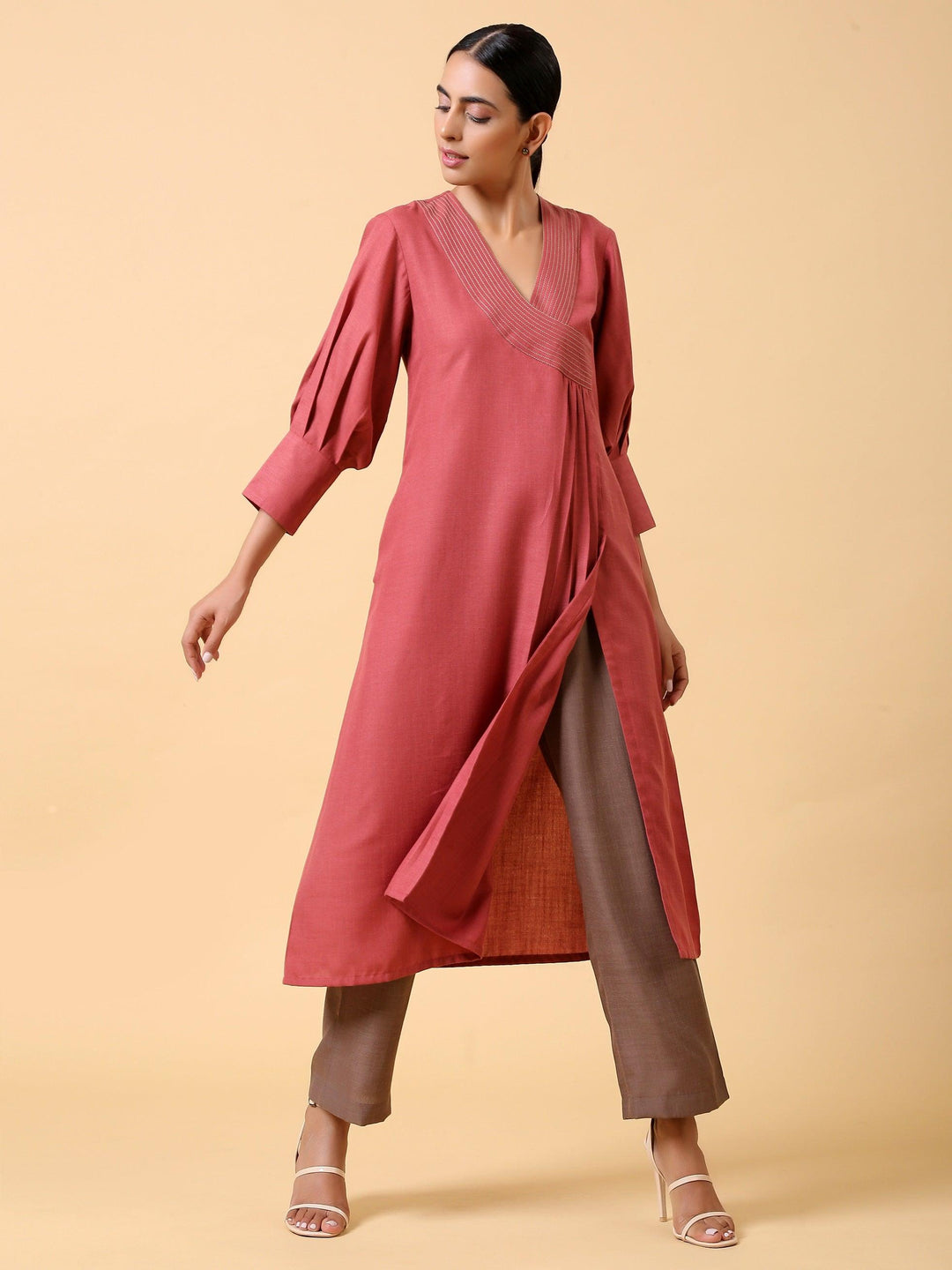 Cotton Linen Rust Red Kurta Pant Set | SHOBITAM
