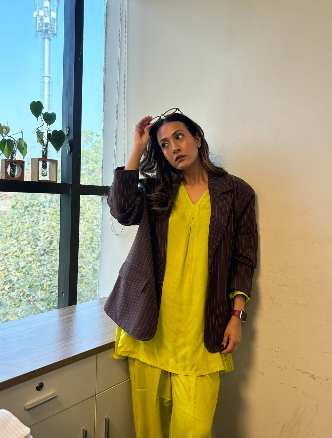 The Penelope - Lime Green Solid Textured Co-Ord Set | SHOBITAM