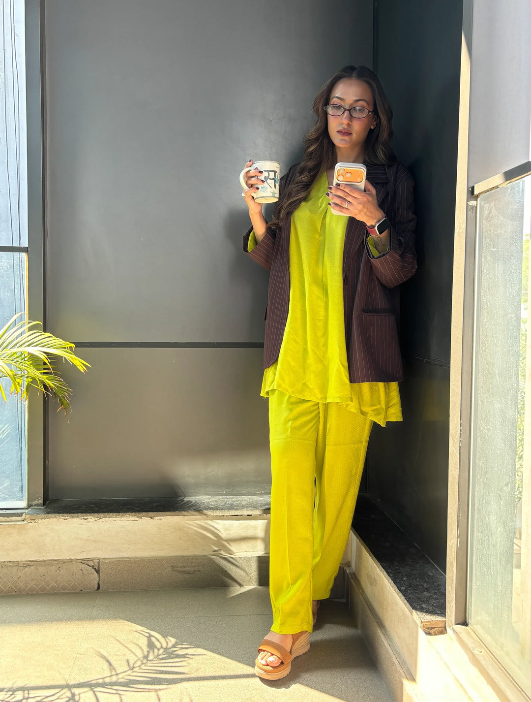 The Penelope - Lime Green Solid Textured Co-Ord Set | SHOBITAM