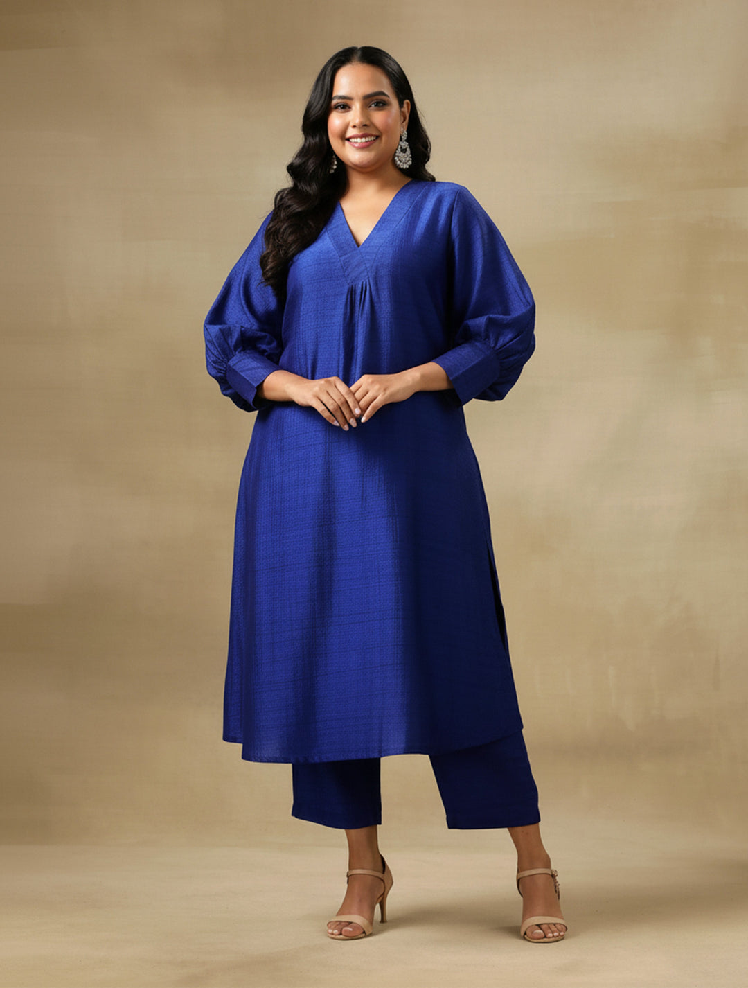 Blue Textured Silk Puff Sleeve Kurta Pant Set  | SHOBITAM