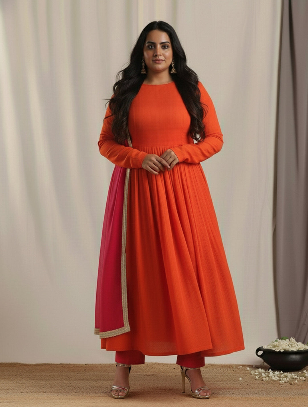 Orange Crinkle Anarkali Kurta Pant Dupatta Set | SHOBITAM