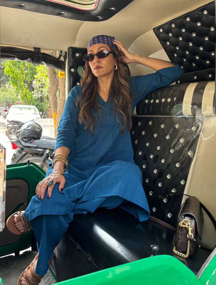 Classic Blue Slub Texture Overlap Pleat Kurta Pant Set  | SHOBITAM