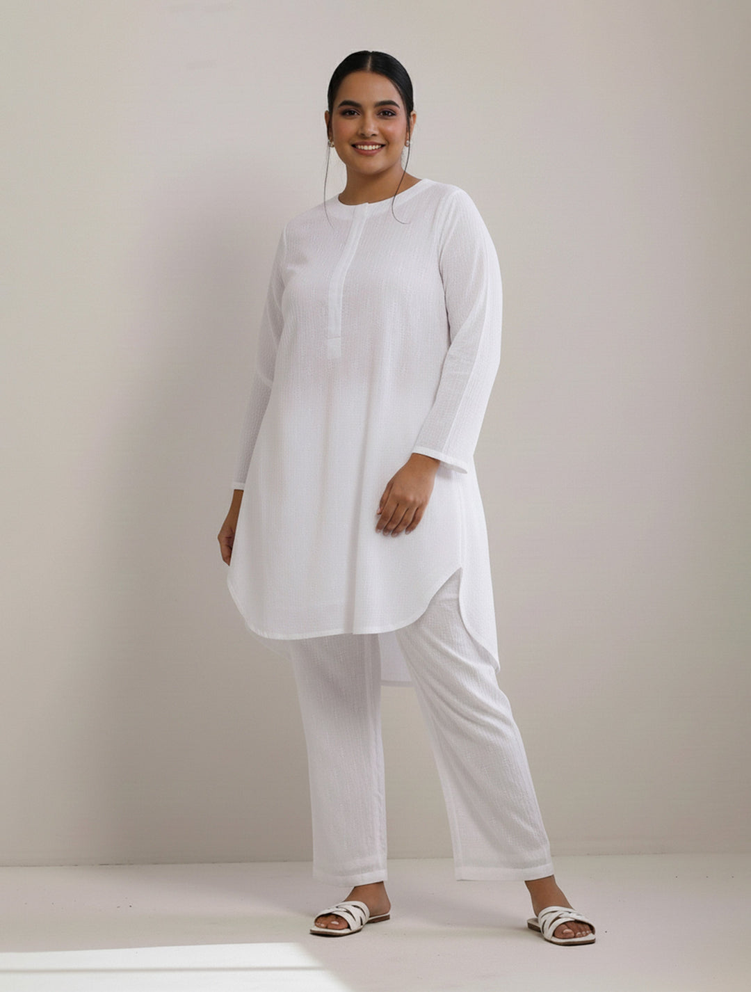 White Dobby Front Placket Co-Ord Set  | SHOBITAM