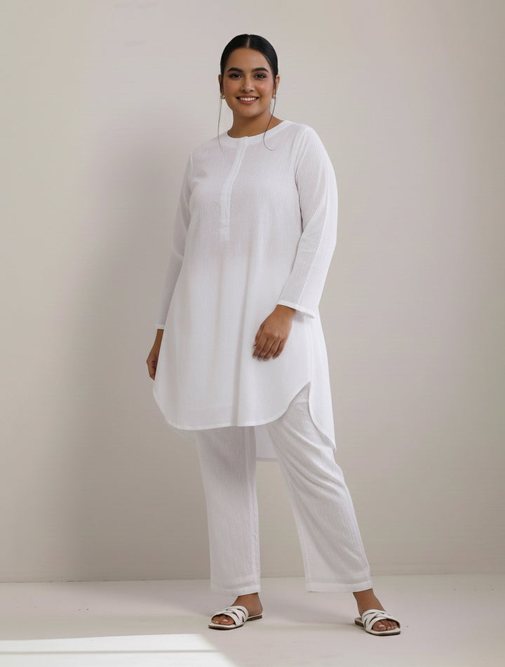 White Dobby Front Placket Co-Ord Set  | SHOBITAM