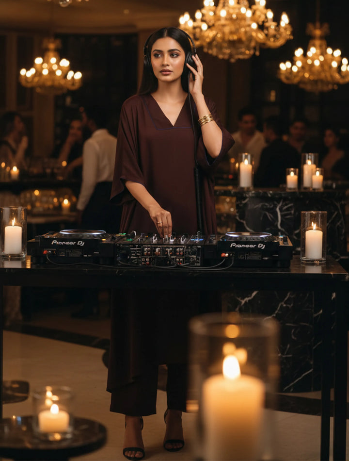 Cola Brown Modal Satin Oversized Kurta Set | SHOBITAM