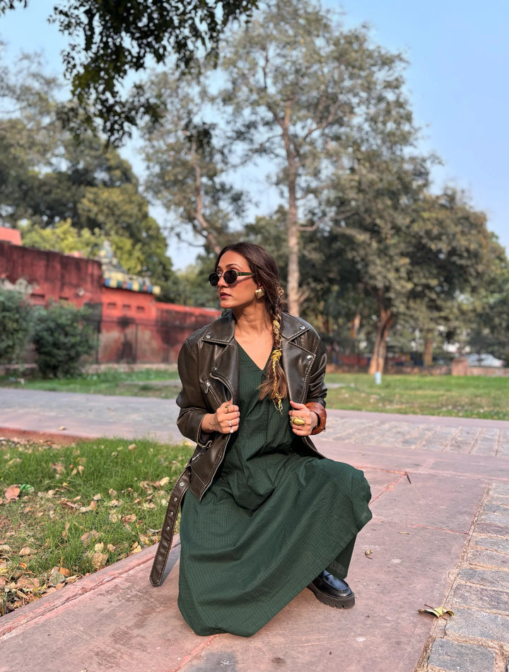 Dark Green Sleeveless Flared Kurta Pant Set | SHOBITAM