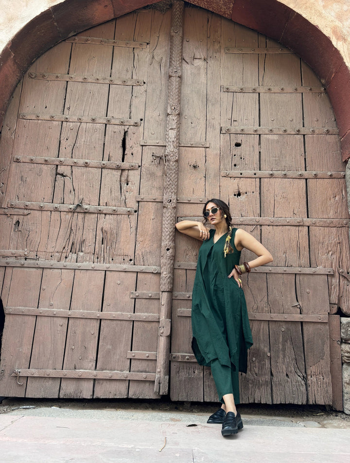 Dark Green Sleeveless Flared Kurta Pant Set | SHOBITAM