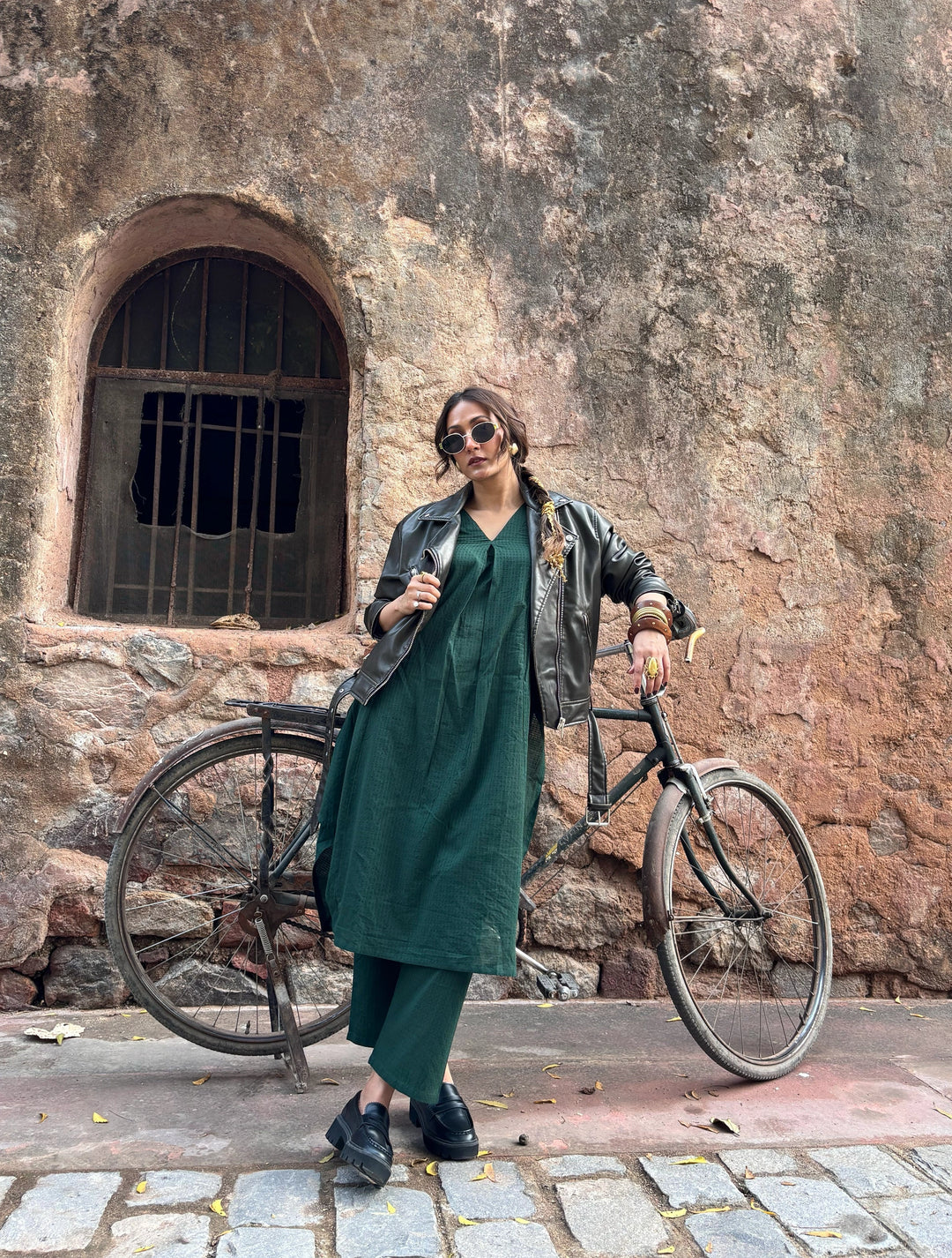 Dark Green Sleeveless Flared Kurta Pant Set | SHOBITAM
