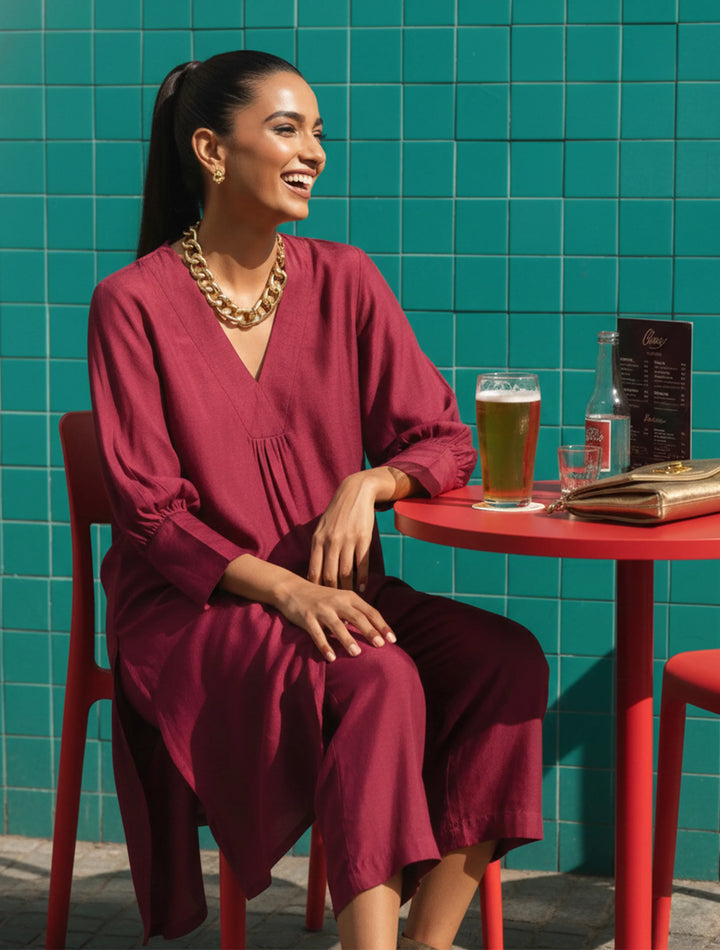 Maroon Silk Puff Sleeve Kurta Pant Set | SHOBITAM