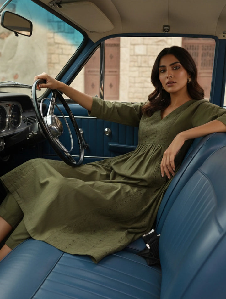 Olive Cotton Cutwork Embroidered Kurta Set  | SHOBITAM