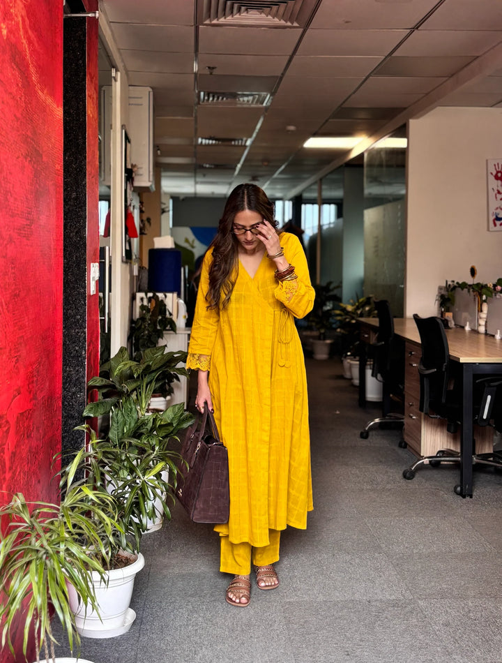 Mustard Cotton Dobby Kurta Set | SHOBITAM