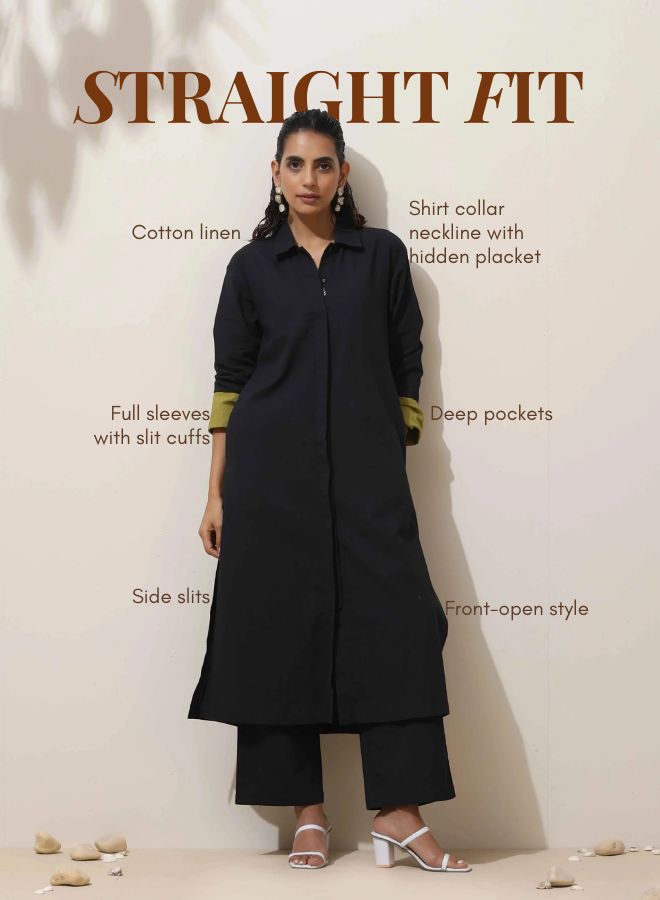 Black Cotton Linen Kurta Pant Set | SHOBITAM