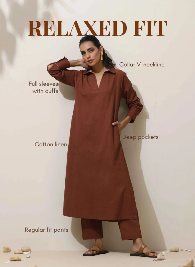 Brown Cotton Linen Kurta Pant Set | SHOBITAM