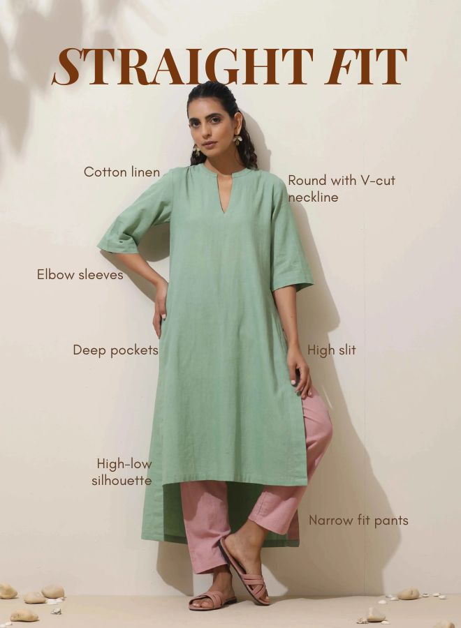Mint Green Cotton Linen Kurta Pant Set | SHOBITAM