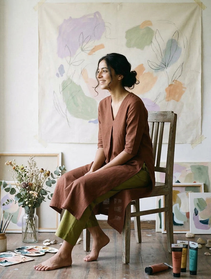 Brown Cotton Linen Kurta Pant Set | SHOBITAM