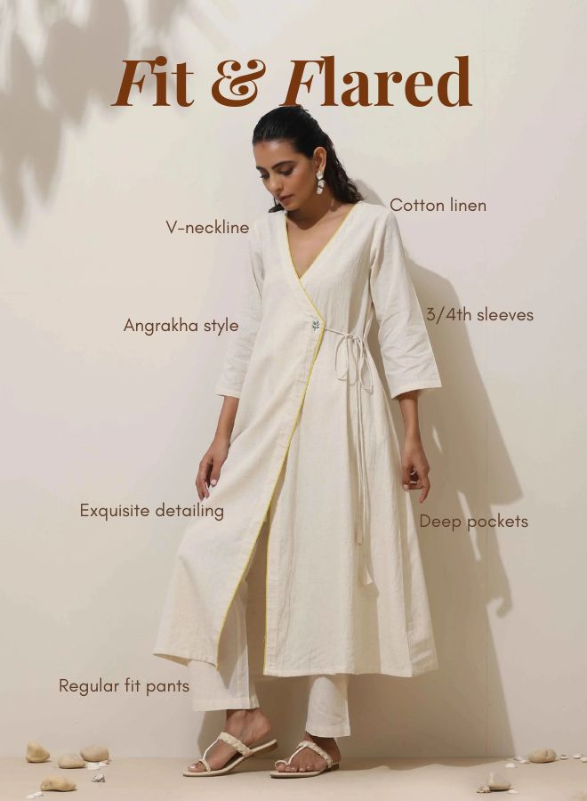 Off White Cotton Linen Angrakha Kurta Pant Set | SHOBITAM