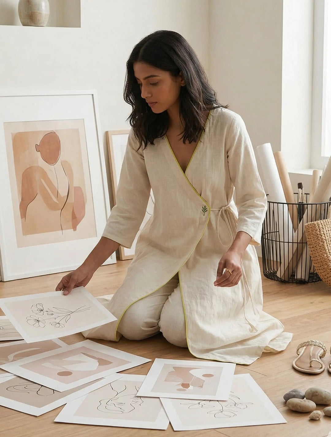 Off White Cotton Linen Angrakha Kurta Pant Set | SHOBITAM