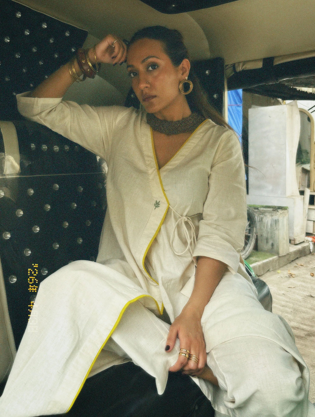 Off White Cotton Linen Angrakha Kurta Pant Set | SHOBITAM