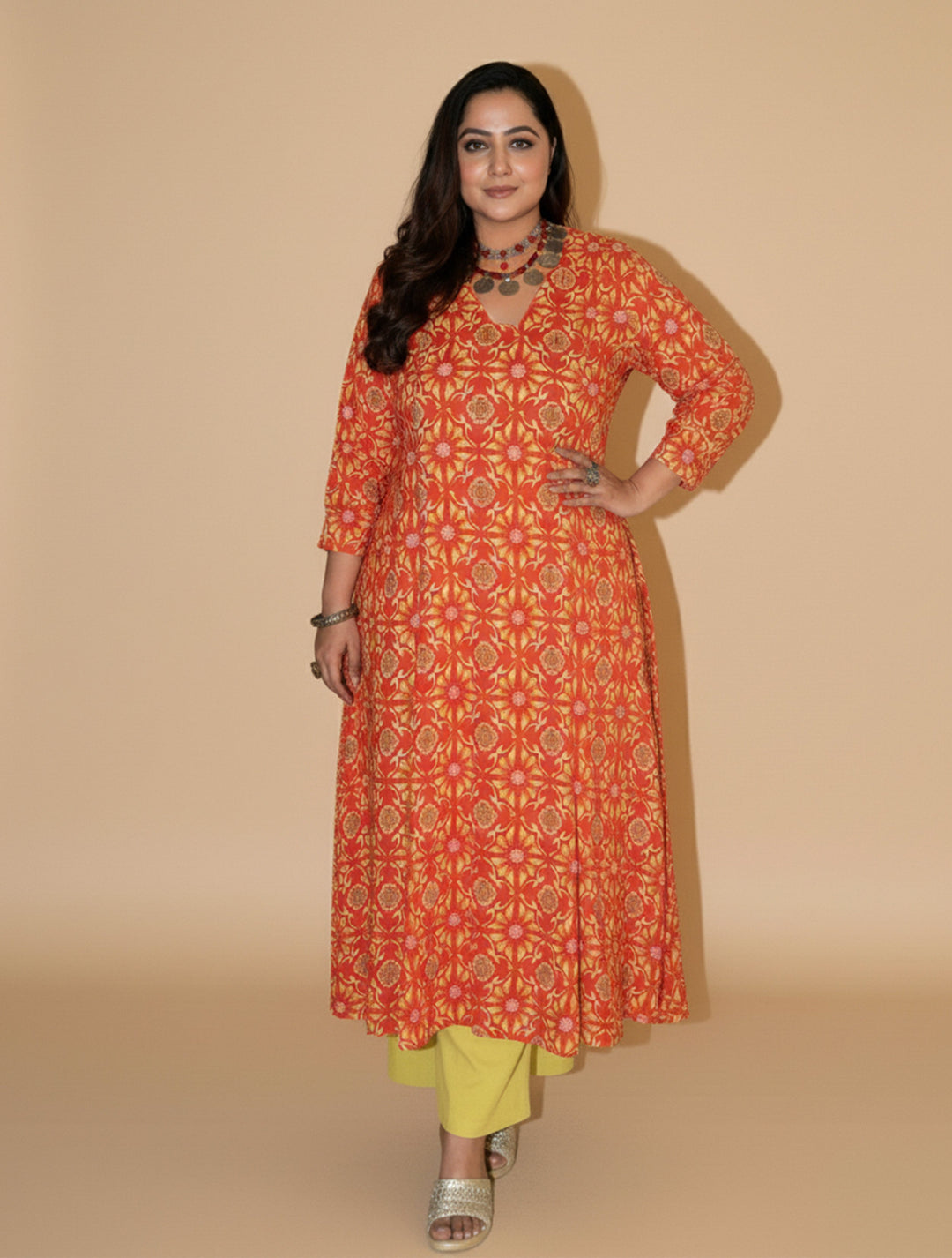 Red Light Green Print Vicose A-line Glass Neck Kurta Set | SHOBITAM