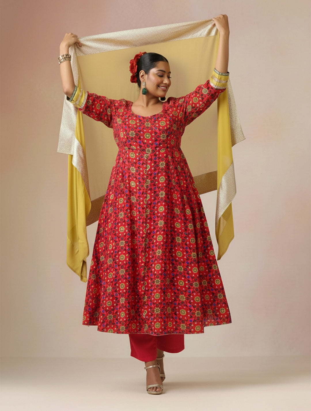 Pink Green Floral Print Viscose Anarkali Kurta Pants Dupatta Set | SHOBITAM