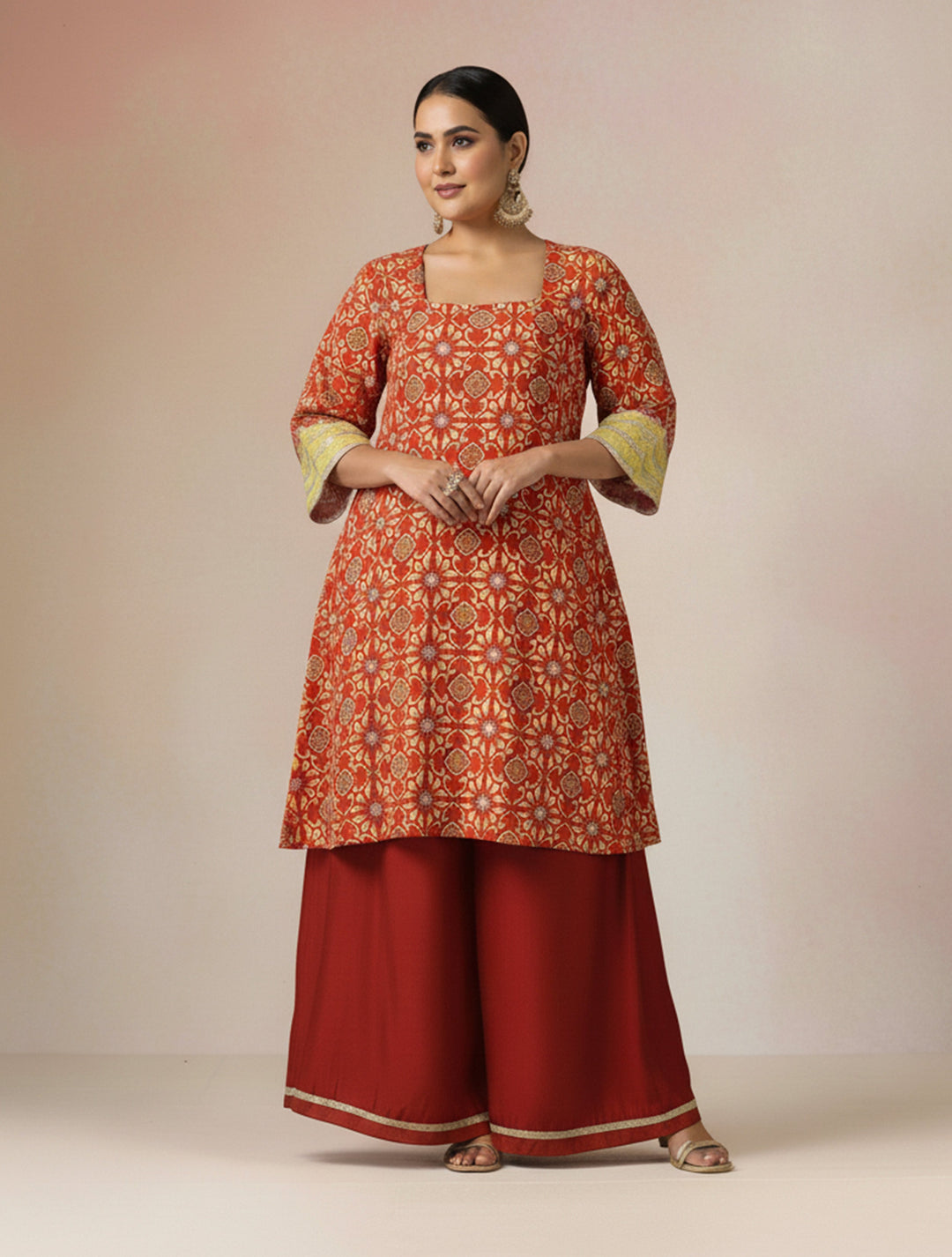 Red Light Green Print Viscose Kurta Sharara Set| SHOBITAM