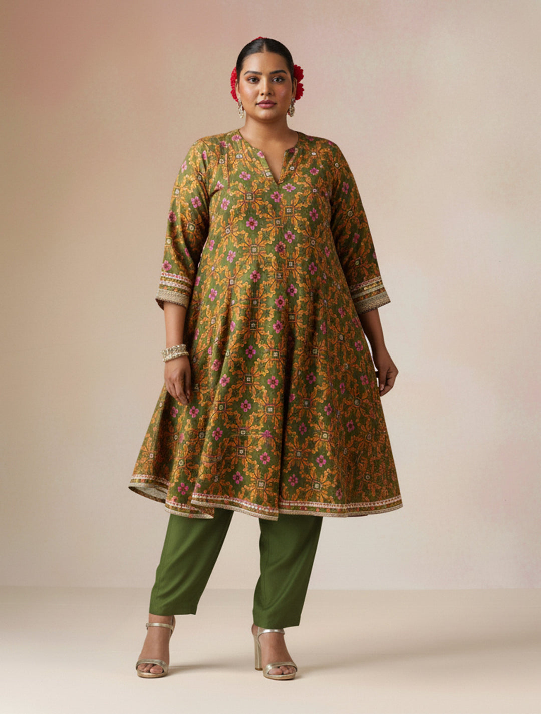 Dark Green Orange Jaal Print Viscose Flared Kurta Co-ord Set | SHOBITAM