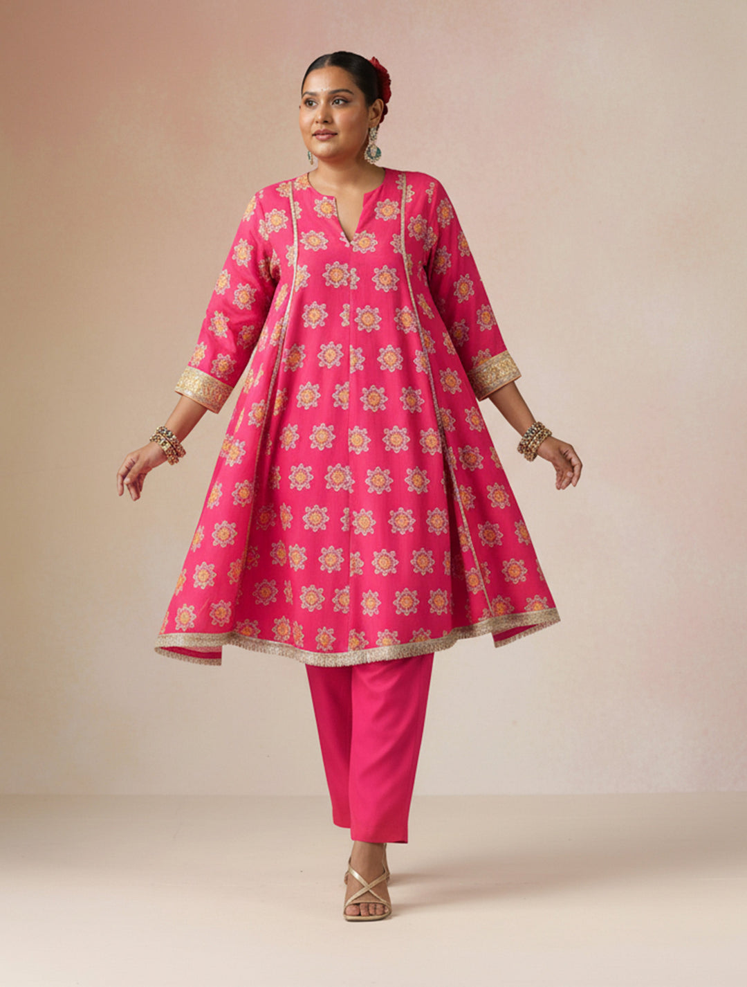 Pink Boota Print Viscose Flared Kurta Co-ord Set | SHOBITAM