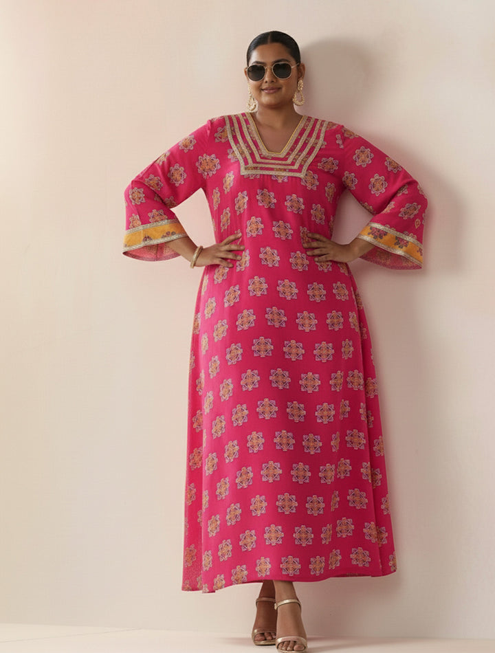 Pink Boota Print Viscose Straight Maxi Dress | SHOBITAM