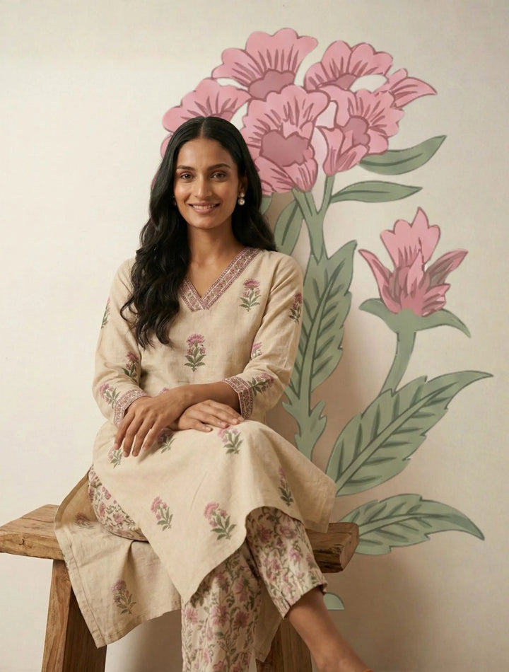 Ivory Floral Boota Print V-Neck Kurta Pant Set  | SHOBITAM