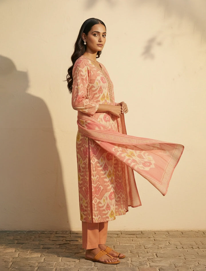 Peach Ikat Print Embroidered Kurta Pant Dupatta Set | SHOBITAM