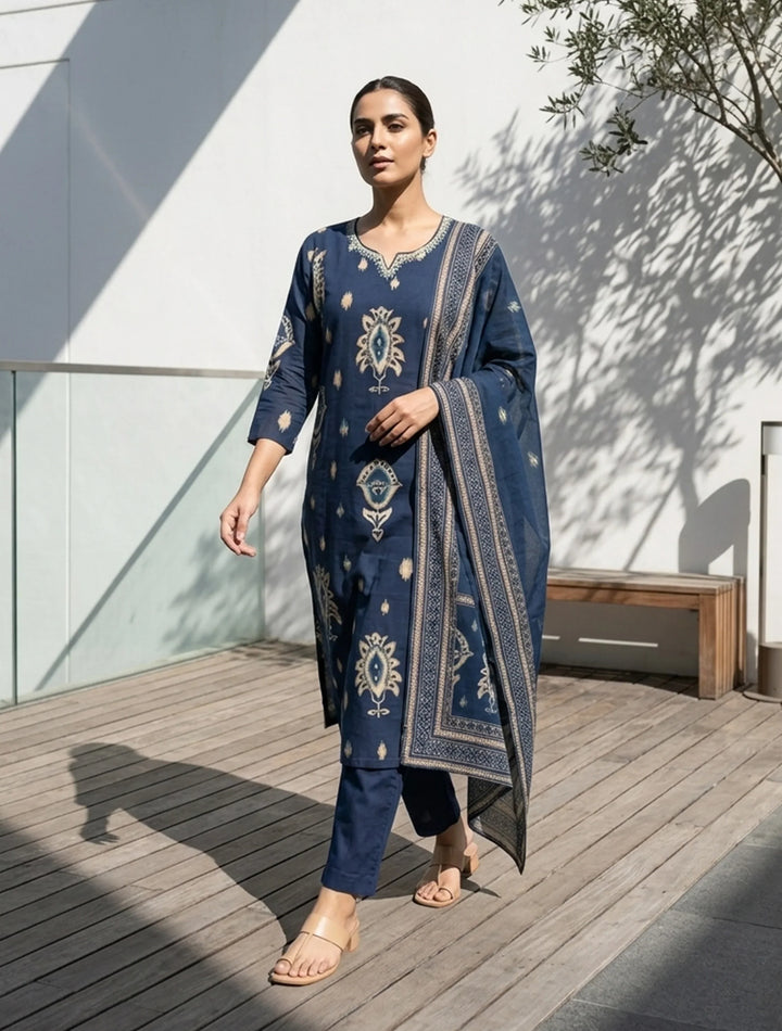 Blue Print Embroidered Round With V-Neck Kurta Pant Dupatta Set | SHOBITAM