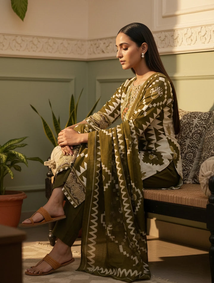 Olive Green Printed Kurta Pant Dupatta Set | SHOBITAM