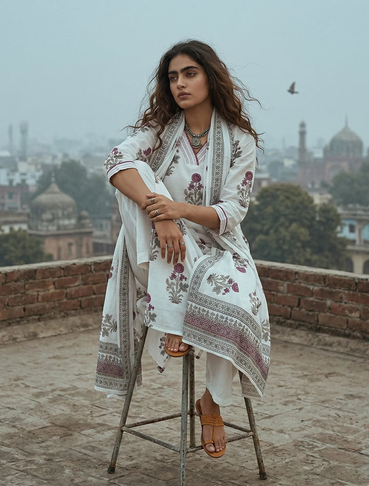 White Purple Print V-Neck Kurta Pant Dupatta Set | SHOBITAM