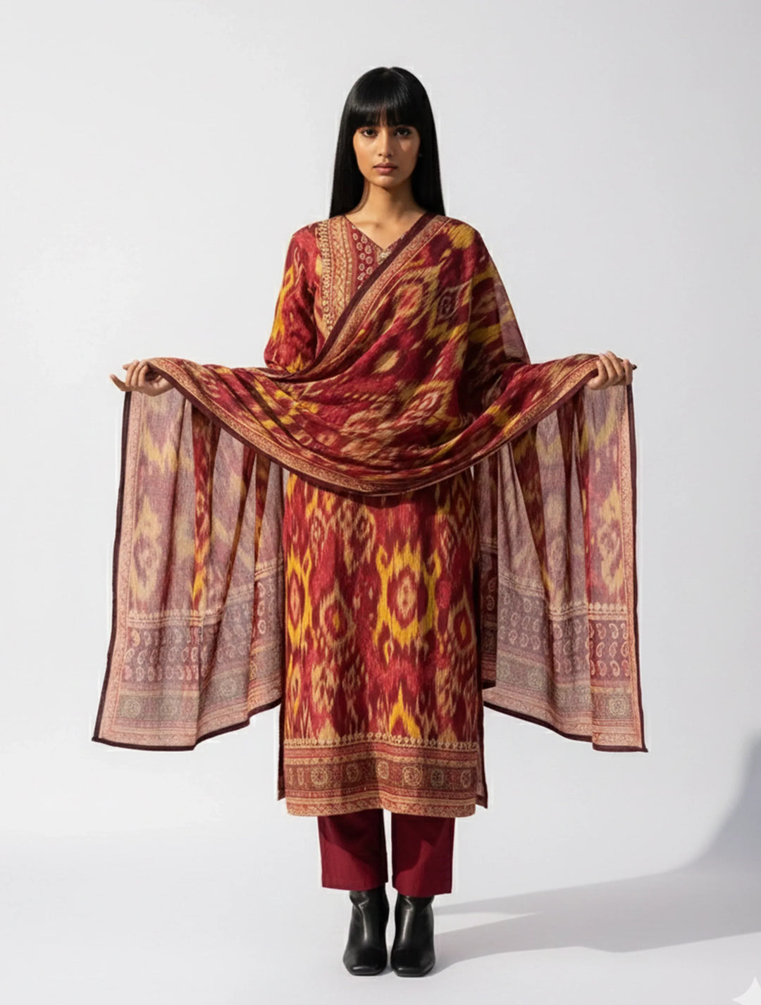 Red Ikat Print Embroidered V-Neck Kurta Pant Dupatta Set| SHOBITAM