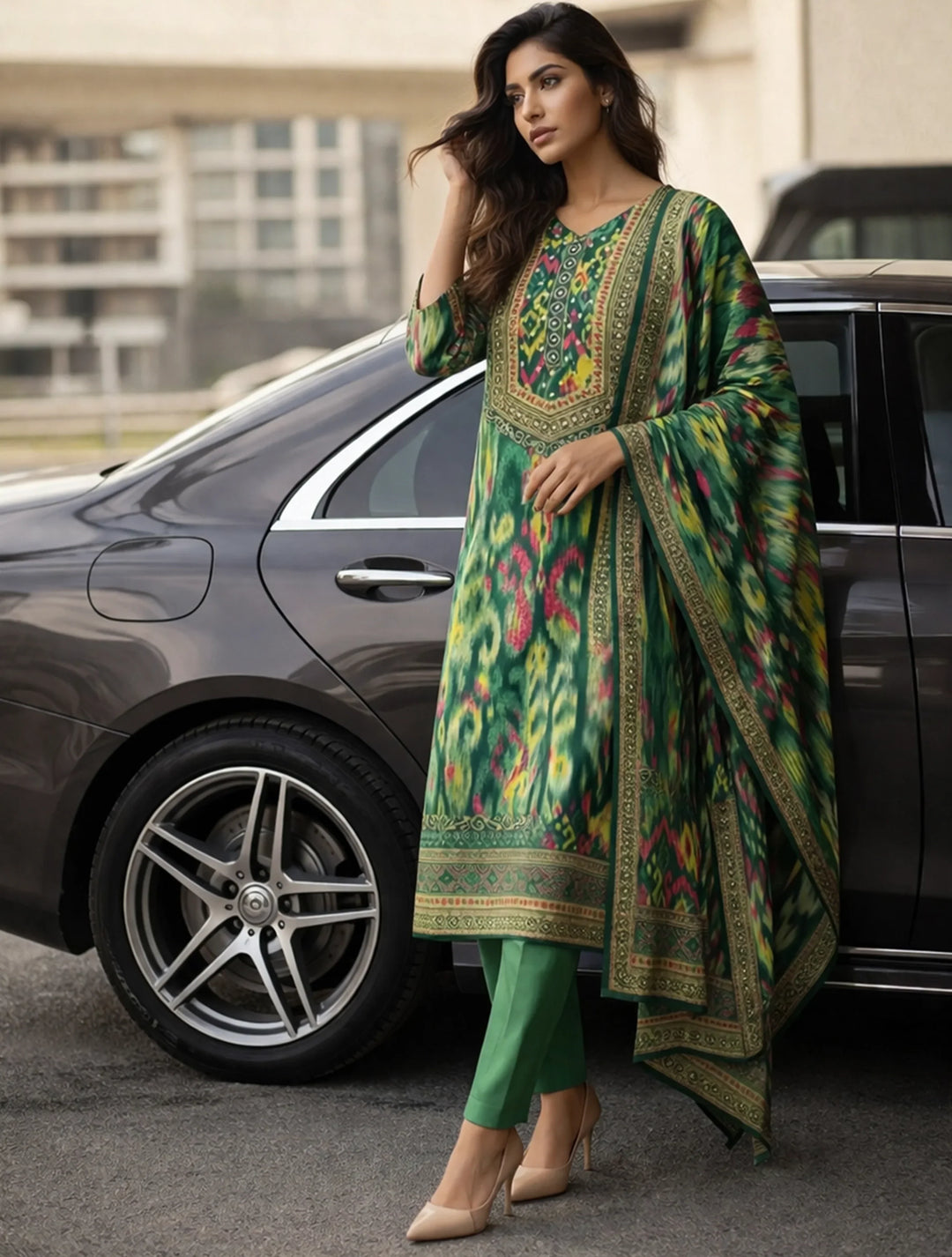 Green Ikat Print Embroidered V-Neck Kurta Pant Dupatta Set | SHOBITAM